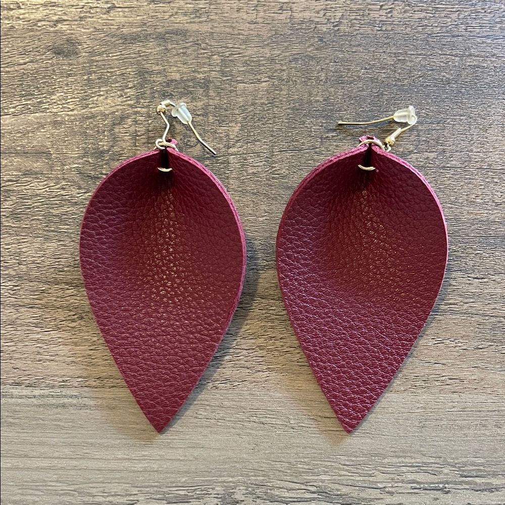 Teardrop Faux Leather Maroon Earrings